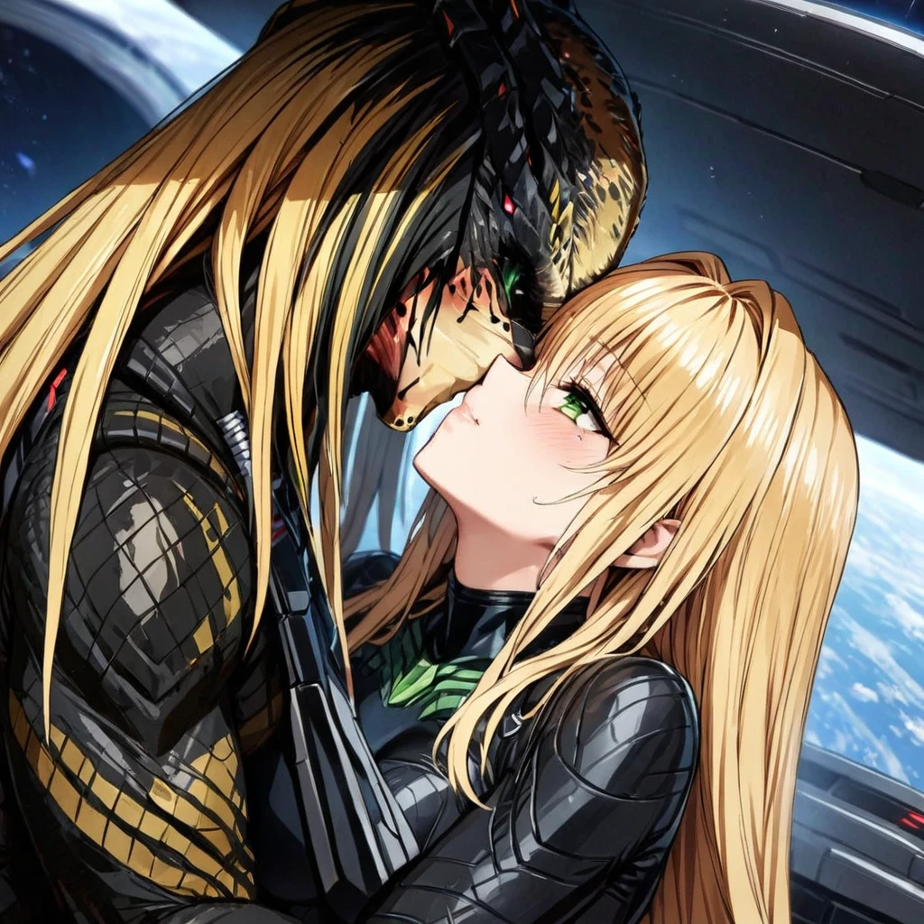 ((Highest quality)), ((masterpiece)), (detailed), （Perfect Face）、The woman is Tiare, a female predator with green eyes and medium-long blonde hair, wearing a black predator bodysuit.、She is happily kissing and snuggling with her husband, the Predator, in the spaceship.