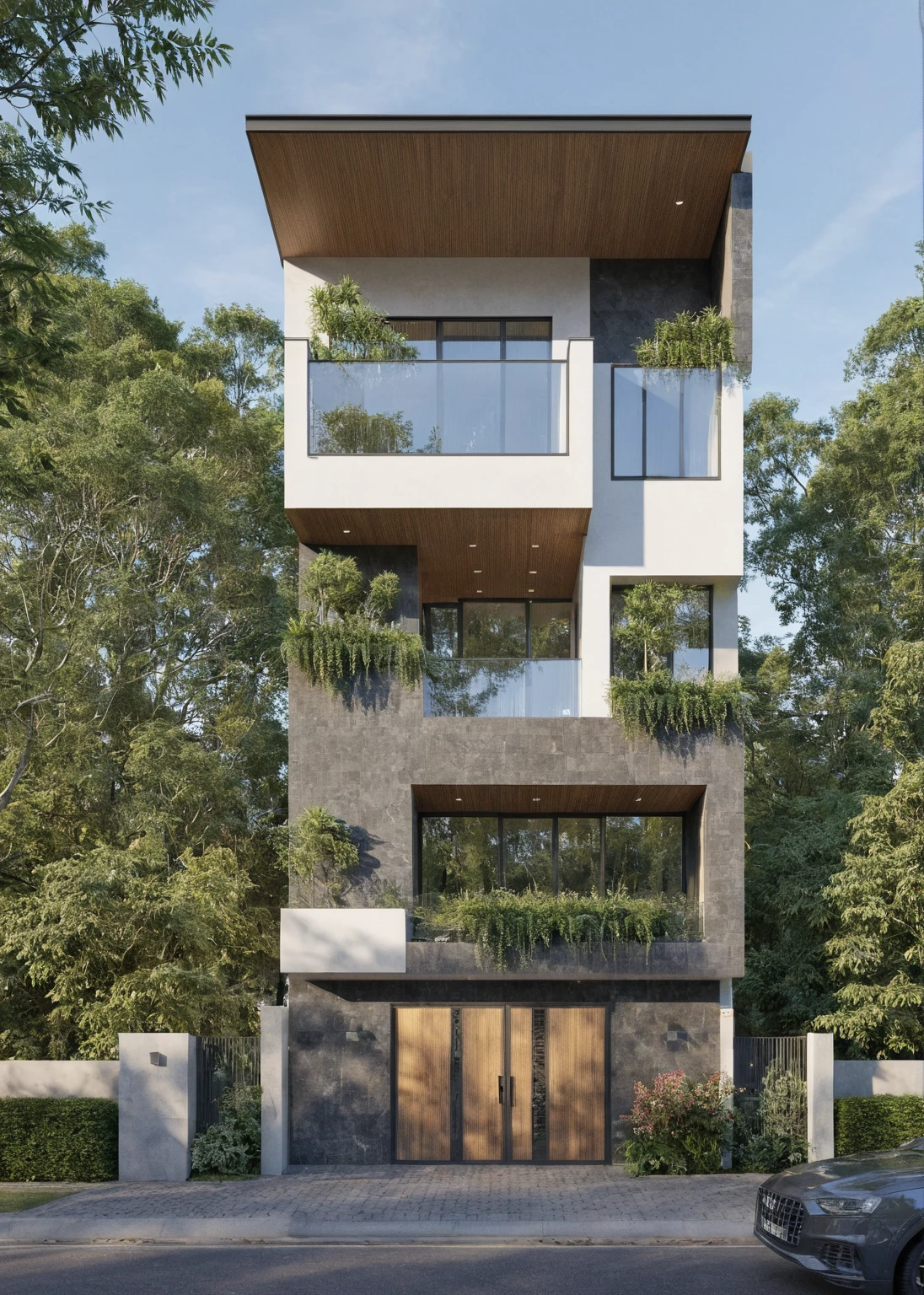 Photo brute,chef-d&#39;artwork, high quality, best quality, authentique, Great detail,
Outside, en plein air, style de maison moderne dans la rue, glass windows, grille, plafond en bois,
route,pavement, des arbres, ciel, nuage, (day light:1.1)