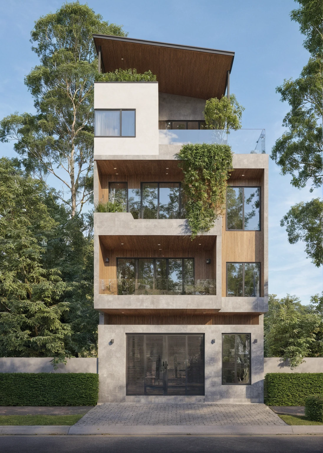 Photo brute,chef-d'artwork, high quality, best quality, authentique, Great detail,
Outside, en plein air, style de maison moderne dans la rue, glass windows, grille, plafond en bois,
route,pavement, des arbres, ciel, nuage, (day light:1.1)