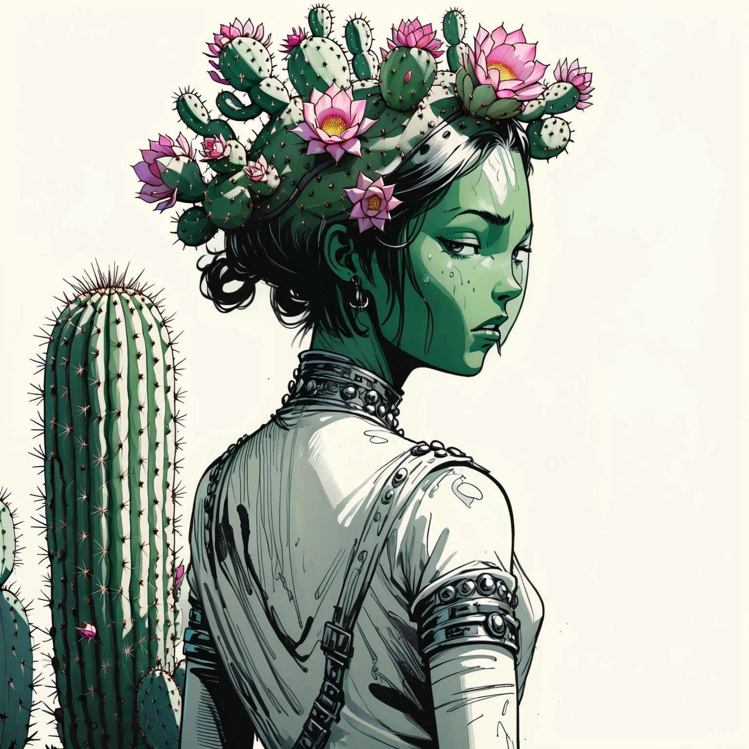 illustrate cactus princess, film screengrab, minimal, serene, perfect, strange, candid, cinematic, surreal, anthropomorphic cactus princess with crown of ornate cactus flowers (ladyfingers and opuntia, vibrant), , realism, photographed, timeless, lost in space, liminal, blank canvas, abstract, nuanced, clearly cartoon distinct, An over the shoulder sketch in the style of Jamie Hewlett and Joelle Jones, with 90s comic aesthetics, expressive ink work, cinematic compositions, and nuanced details.
