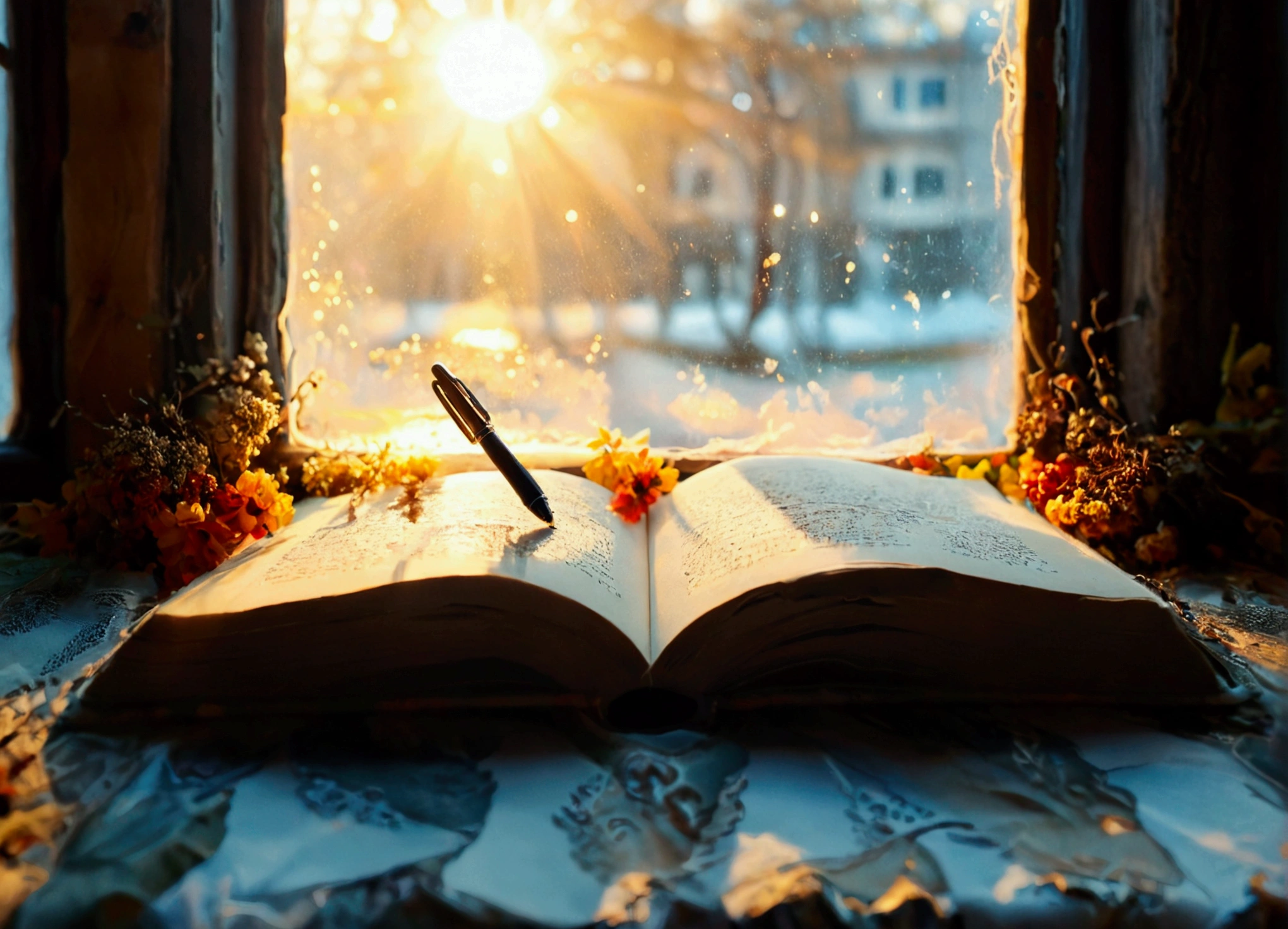 a book, A pen in the middle of the book, window, breeze, deep learning, View from the window, sun，side view