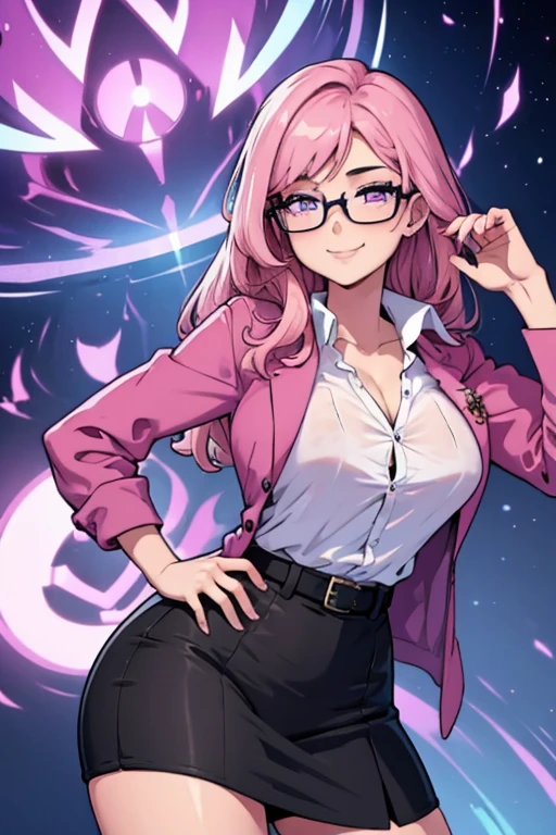 One girl. Perfect face. Perfect hands. A pink haired woman with violet eyes with an hourglass figure with glasses wearing a sexy button up shirt and a pencil skirt is smiling while leaning forward