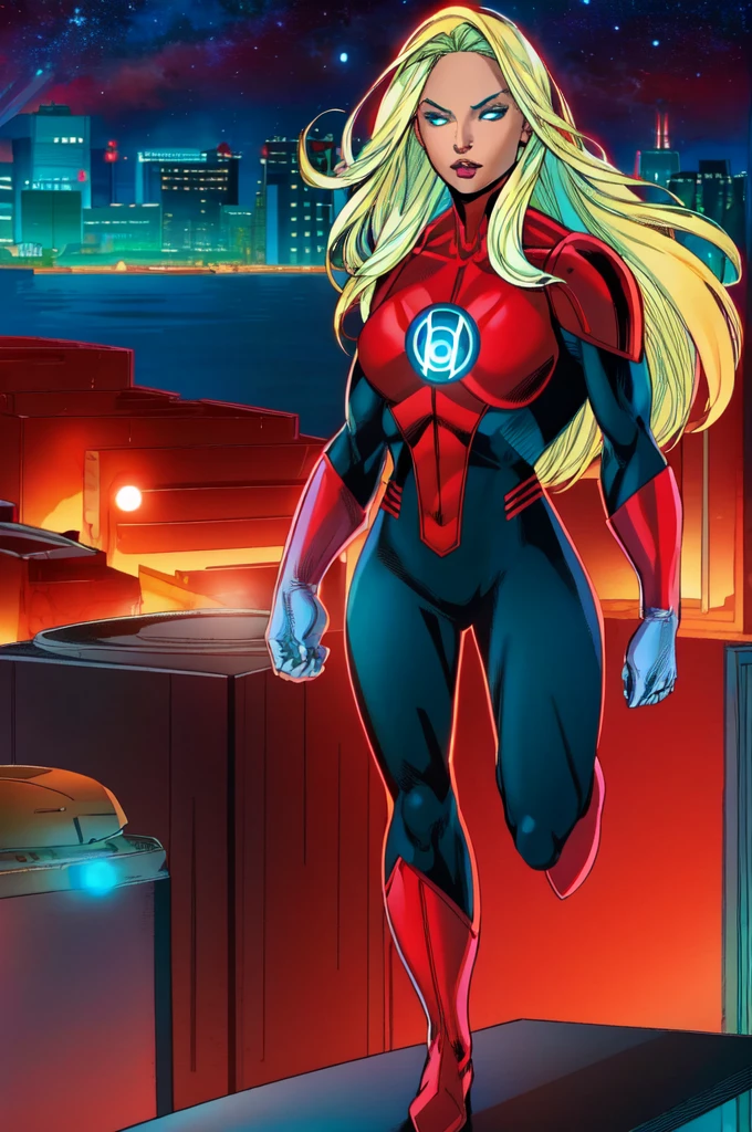 masterpiece, best quality, jessica_cruz , Platinum blonde hair, teal eyes, red lantern costume, cityscape background 