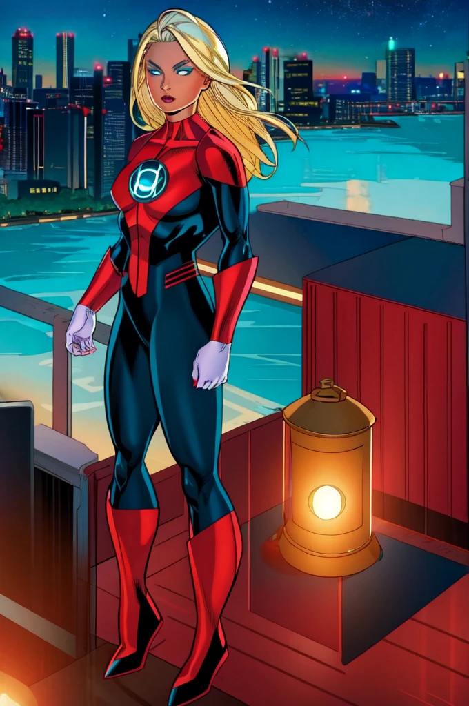 masterpiece, best quality, jessica_cruz , Platinum blonde hair, teal eyes, red lantern costume, cityscape background 