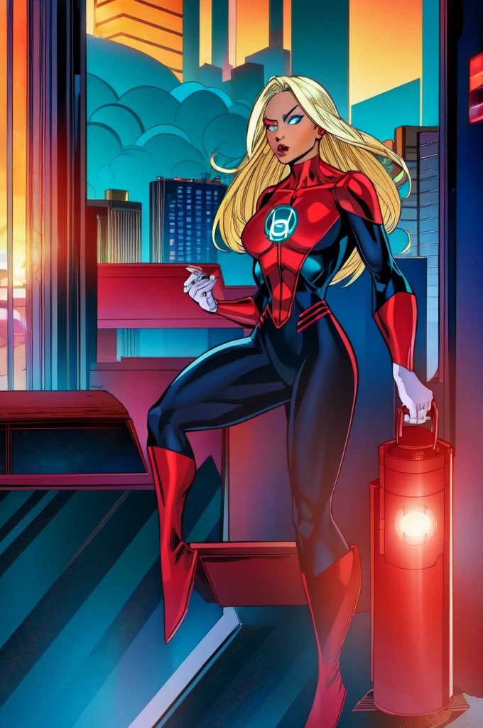 masterpiece, best quality, jessica_cruz , Platinum blonde hair, teal eyes, red lantern costume, cityscape background 