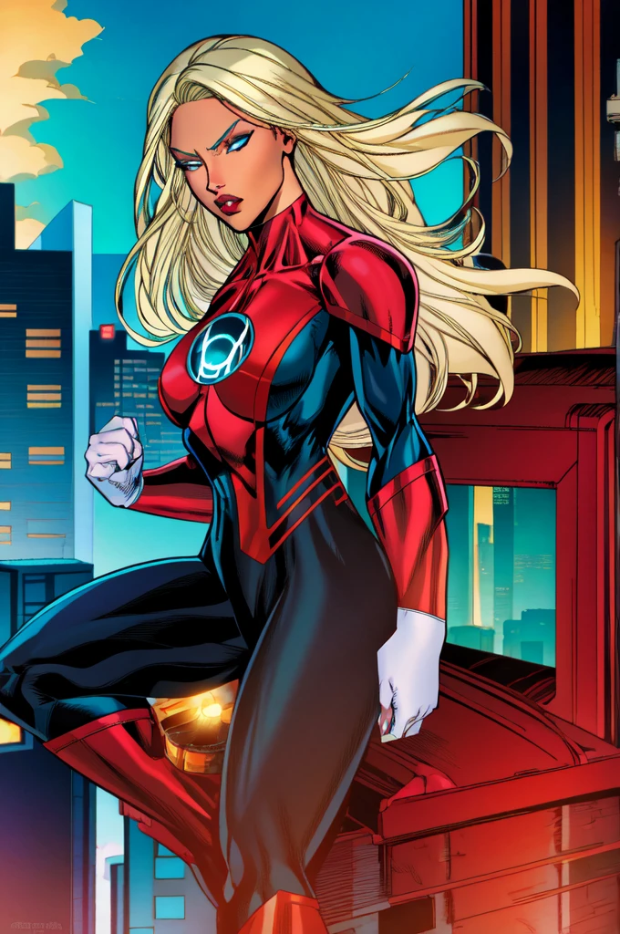 masterpiece, best quality, jessica_cruz , Platinum blonde hair, teal eyes, red lantern costume, cityscape background 