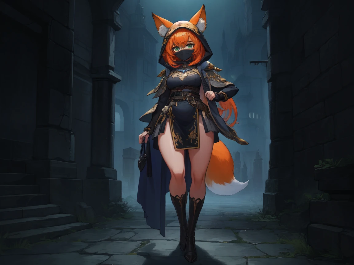 ((solo)), (female), solo, ((short orange hair)), bangs, (((orange fox ears))), fox tail, green eyes, (hood up), black fantasy tunic, smooth body, ((black face mask)), (blue amulet), ((standing)), blue aura, midnight, fantasy town setting, ((dark setting)), ((up close)), Very good figure, cinematic lighting, volume lighting, bright tone, warm color, colorful, masterpiece, super detail, high quality, best quality, highres, 16k, full body, thick legs