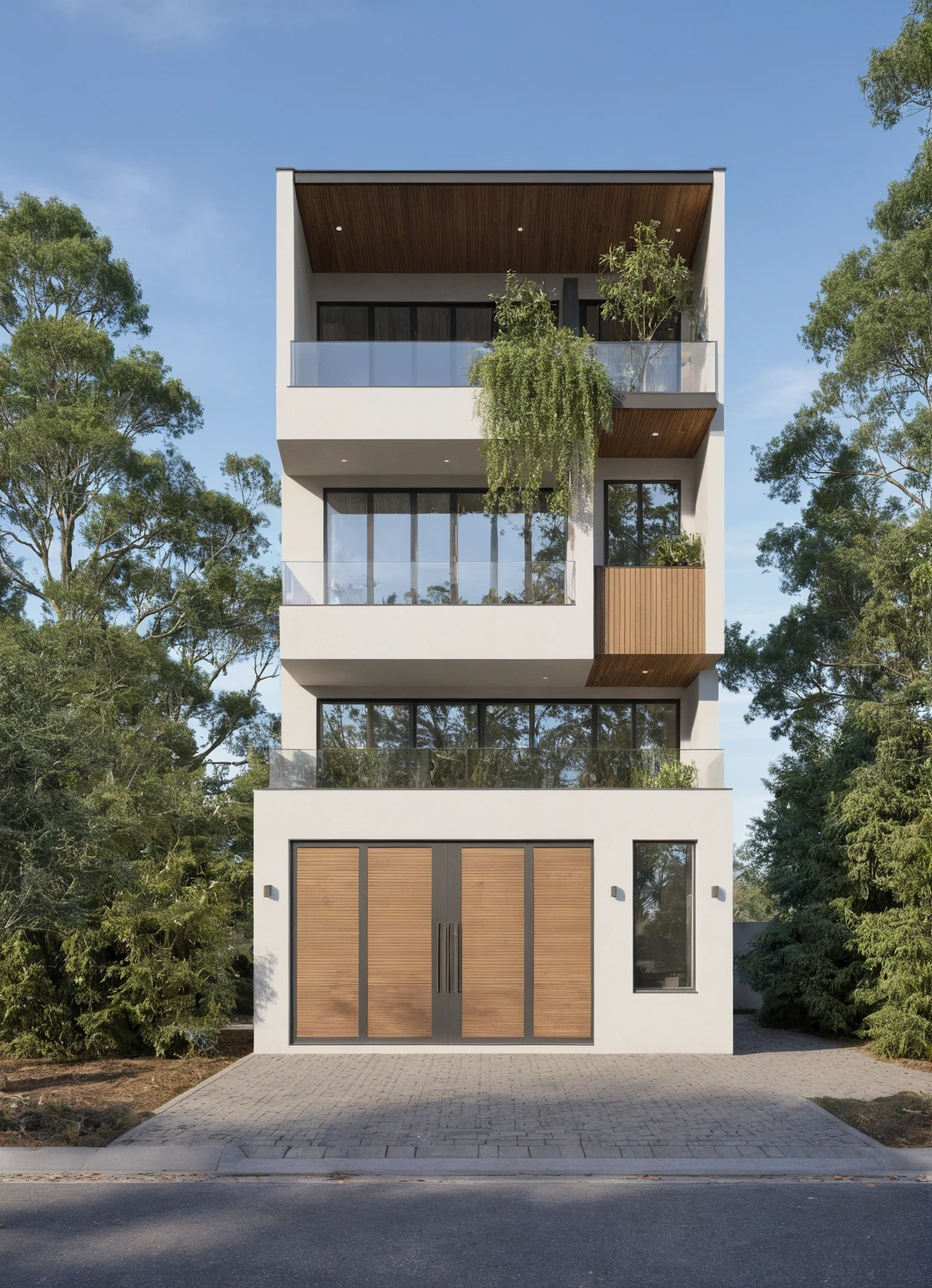 Photo brute,chef-d&#39;artwork, high quality, best quality, authentique, Great detail,
Outside, en plein air, style de maison moderne dans la rue, glass windows, grille, plafond en bois,
route,pavement, des arbres, ciel, nuage, (day light:1.1)