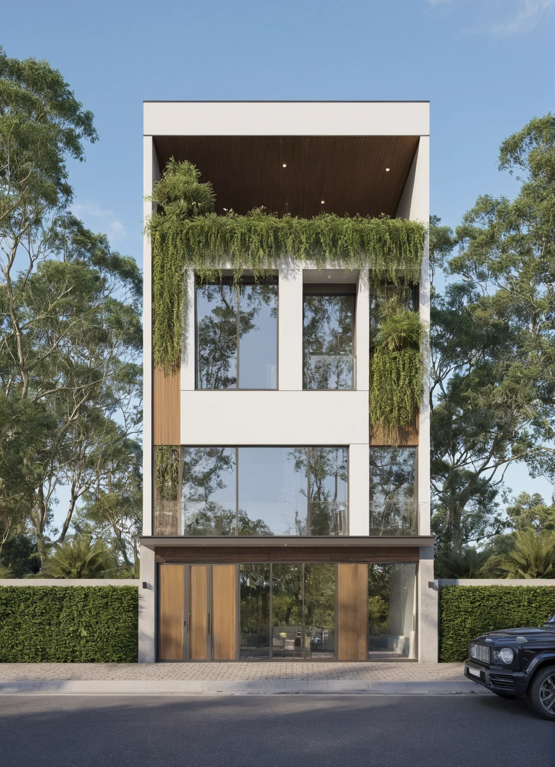 Photo brute,chef-d&#39;artwork, high quality, best quality, authentique, Great detail,
Outside, en plein air, style de maison moderne dans la rue, glass windows, grille, plafond en bois,
route,pavement, des arbres, ciel, nuage, (day light:1.1)