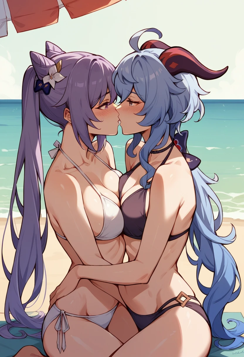 Genshin impact, 2 women, Yuri, purple hair keqing, ganyu, looking at each other, romantic kiss, blushing, bikini, beach, NSFW, ecchi