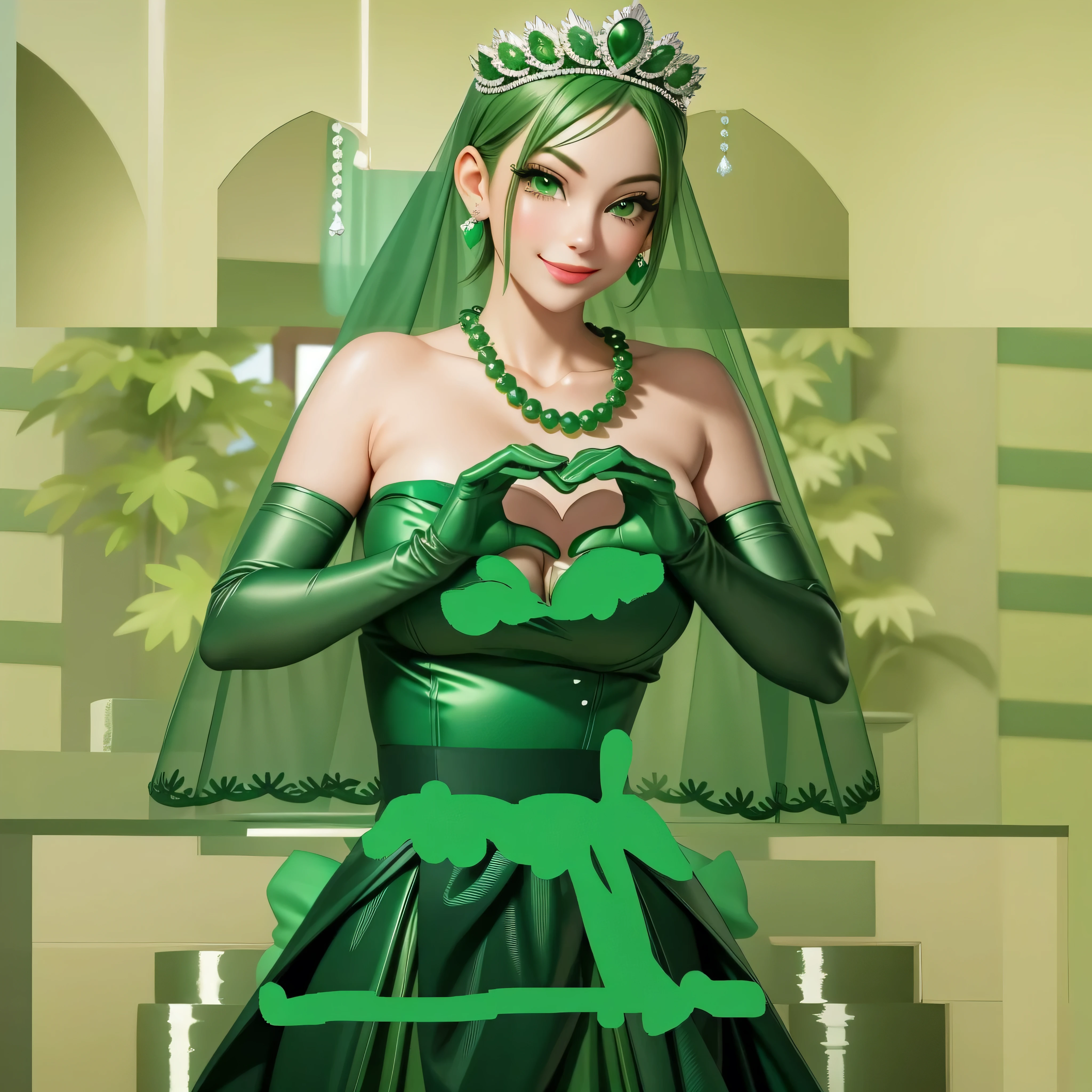 emerald tiara, Green Pearl Necklace, Boyish very short green hair, Green Lips, Smiling Japanese woman, Very short hair, Busty beautiful lady, Green Eyes, Green satin long gloves, Green Eyes, Emerald Earrings, Green veil, Heart with both hands, Green Hair, Beautiful Japanese Woman, Heart shaped hands:1.3, green lip gloss