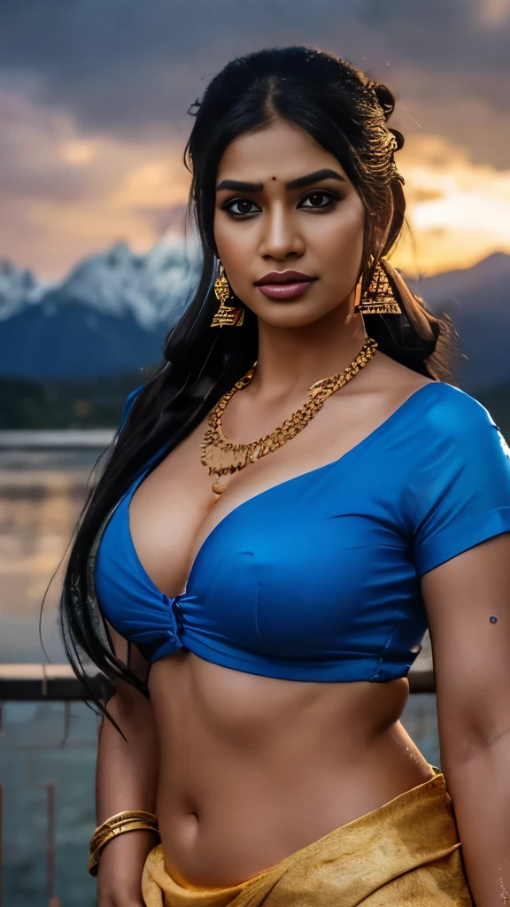 beautiful young maiden, standing in the rain, large breasts, long hair tied in a bun, wearing a shirt and a transparent golden sarong, wearing heavy makeup, long eye lashes, eye mascara, wearing golden ornaments, long earrings, necklace, arm bands, bangles, nose ring and waist chain, wet clothes, worried look, snow capped mountains in the background