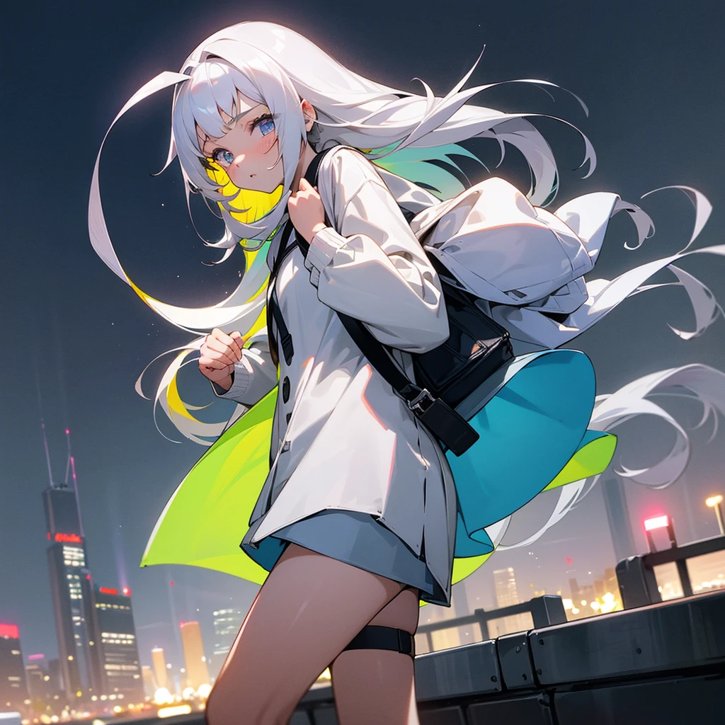 A 16-year-old woman with long white loose hair and no jewelry on her head. In light rainbow eyes, a cute look, wearing a white long-sleeved sweater. Wear a gray short skirt. Carrying a black backpack, walking in The central city is the background of a city lit up at night full of buildings, an Anime masterpiece.