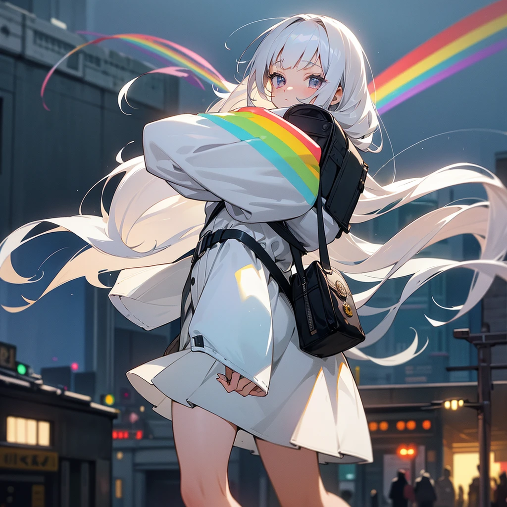 A 16-year-old woman with long white loose hair and no jewelry on her head. In light rainbow eyes, a cute look, wearing a white long-sleeved sweater. Wear a gray short skirt. Carrying a black backpack, walking in The central city is the background of a city lit up at night full of buildings, an Anime masterpiece.