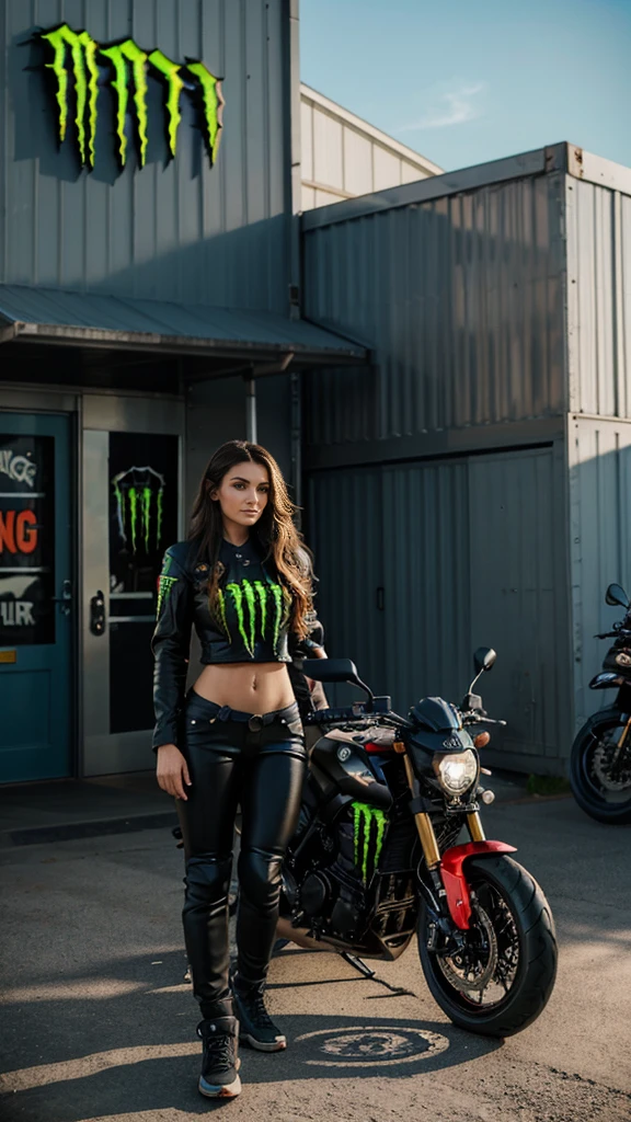 The image shows a motorcycle with a woman standing next to it, and there's a sign that says \"MONSTER ENERGY\" in the background. The image shows a motorcycle with a woman standing next to it, and there's a sign that says \"MONSTER ENERGY\" in the background.