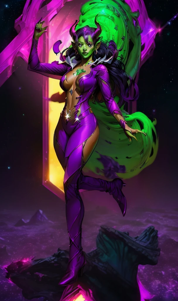 ((stsapph2024)) a beautiful((jenna_ortega_v3 )) (tiefling colored skin, horns, pointy ears red skin )) with ((green skin)), curly black hair, (((wearing a violet suit))), floating in space, 5 detailed fingers, high quality, masterpiece, photorealistic, raw photo, depth of field, full body
