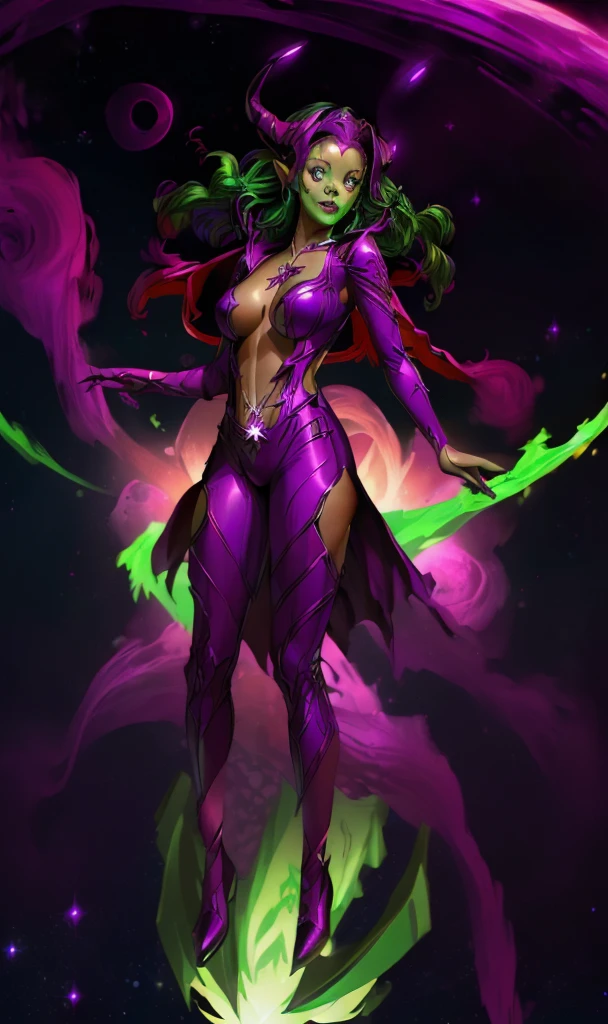 ((stsapph2024)) a beautiful((jenna_ortega_v3 )) (tiefling colored skin, horns, pointy ears red skin )) with ((green skin)), curly black hair, (((wearing a violet suit))), floating in space, 5 detailed fingers, high quality, masterpiece, photorealistic, raw photo, depth of field, full body
