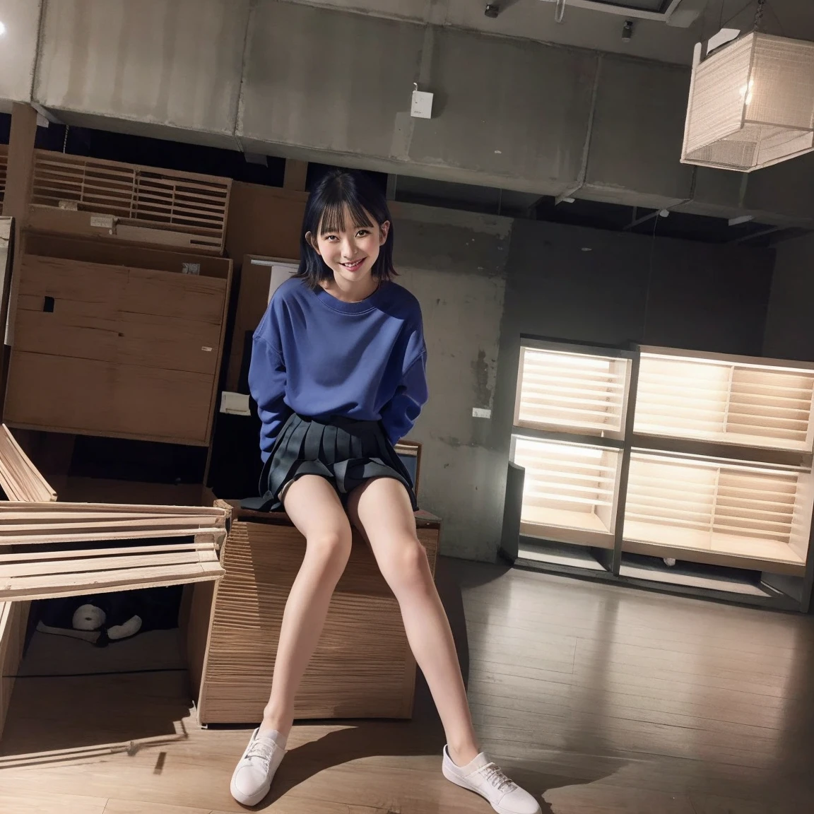 One woman（10 years old）、Short、Young face、smile、Long, blue hair、Thin glasses、White clothes、See-through shirt、ribbon、Short pleated skirt、Pink underwear、loose socks、Inside a skyscraper office at night、Spread your legs、Thin and lean legs、both hands tied and restrained