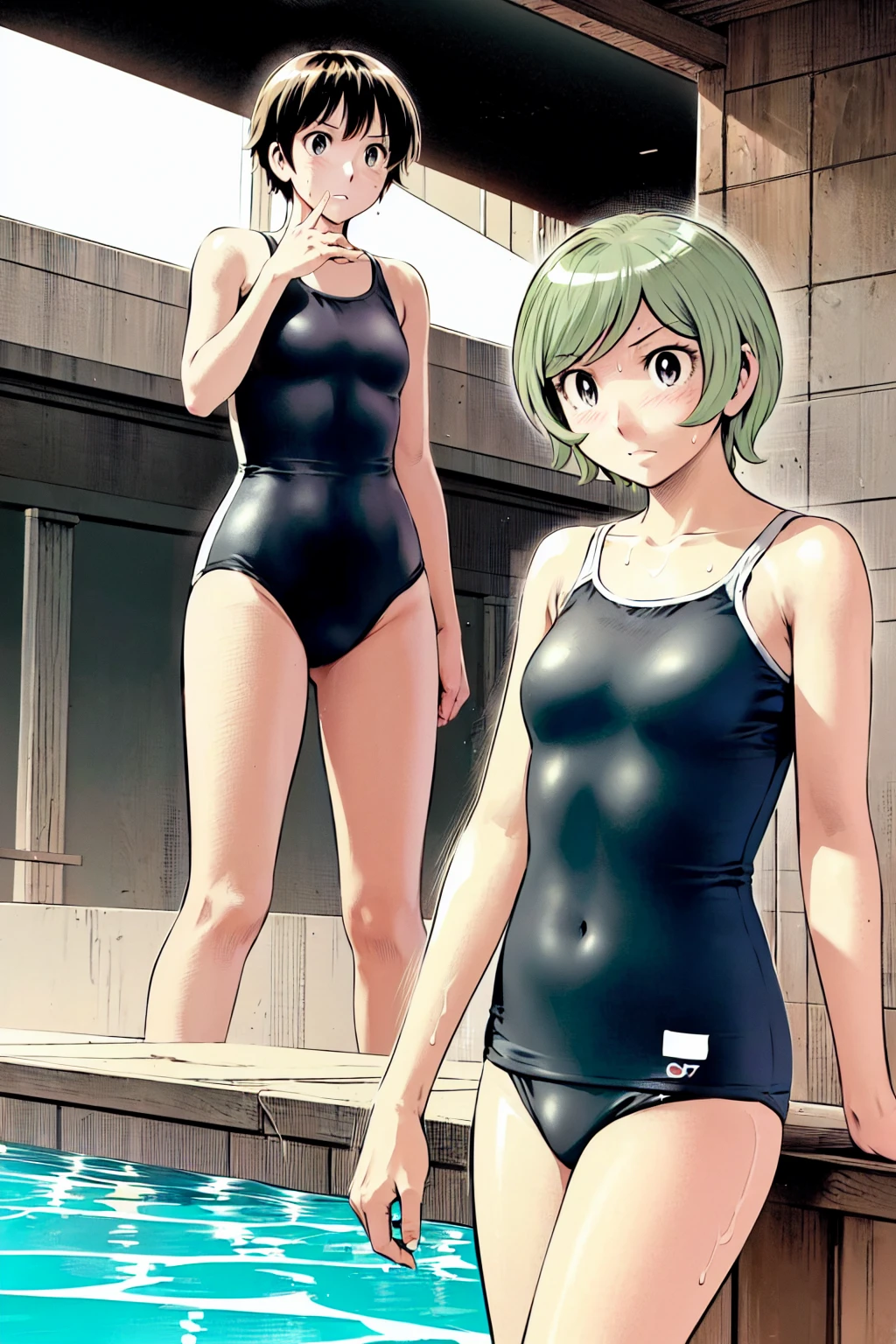 Blue school swimsuit、(masterpiece、Highest quality)、Highest quality, Ultra-high resolution, (((masterpiece))), alone, Sweat、Big eyes, Composition from the front、Shortcuts、Embarrassed face、blonde、Cut your hair short、School swimming pool、short hair、Pussy Line、Browsing Caution、Butt