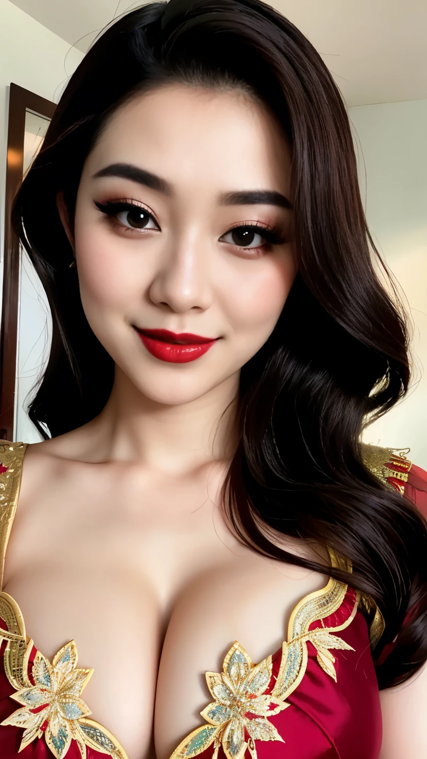 instagram photo, closeup face photo of 23 y.o Chloe in kebaya, Red Lipstick, sensual Lipstick, Sensational Make Up, cleavage, pale skin, (smile:0.4), hard shadows, anime outfit