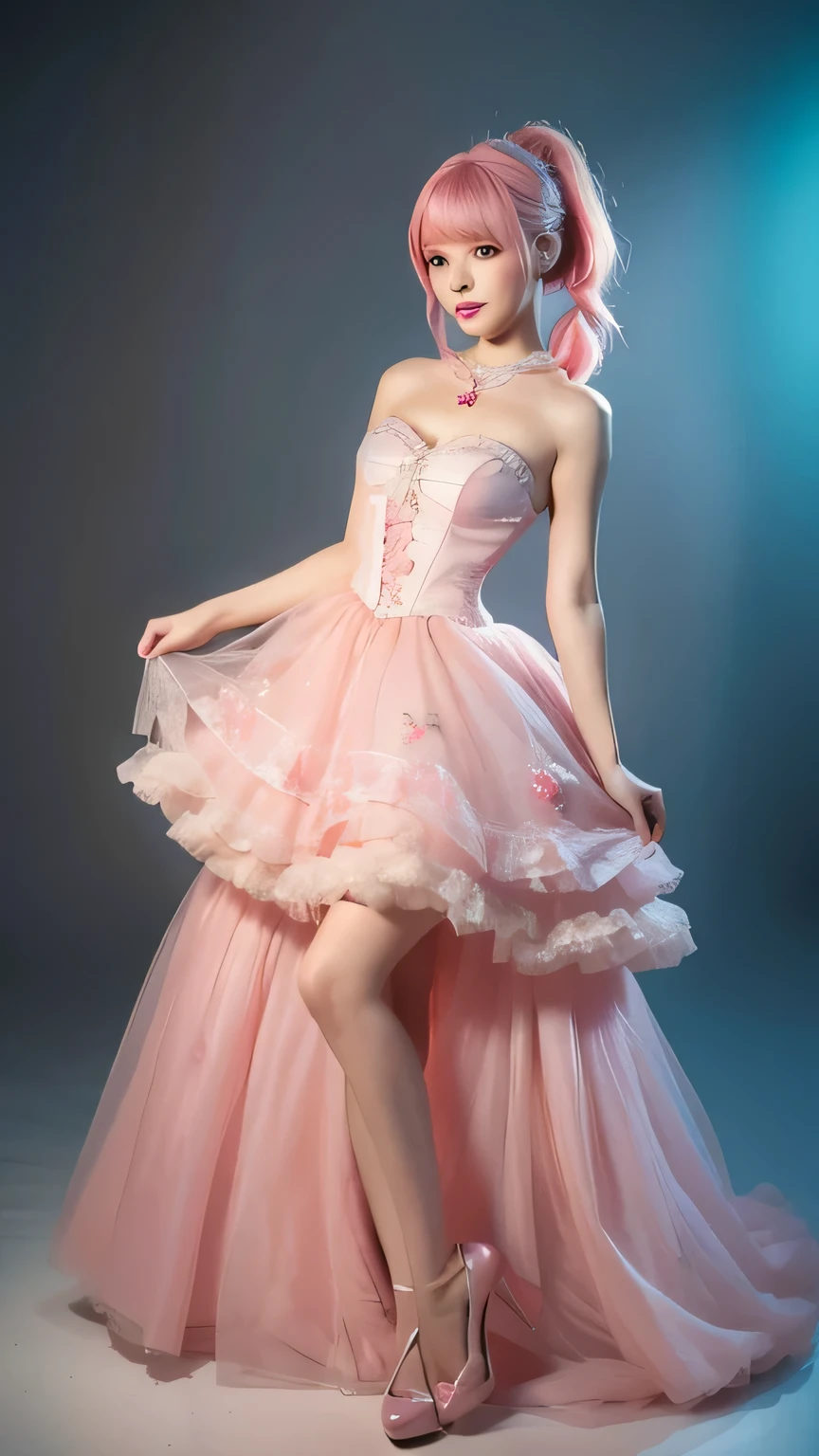 Full body of a person wearing a pink dress and having pink hair, Animation inspired by Louis Grell, Popular on Pixiv, Rococo, Anime Girl Cosplay, Anime role playing, Belle Delphine, Anime girls in real life, Anime Barbie, Charming role play, Fairy Tale Core, Red wig, Gorgeous role-playing, Pink ponytail hair and cyan eyes,Perfect body,Long legs,Fair skin tone,Solid color background,Mood Lighting