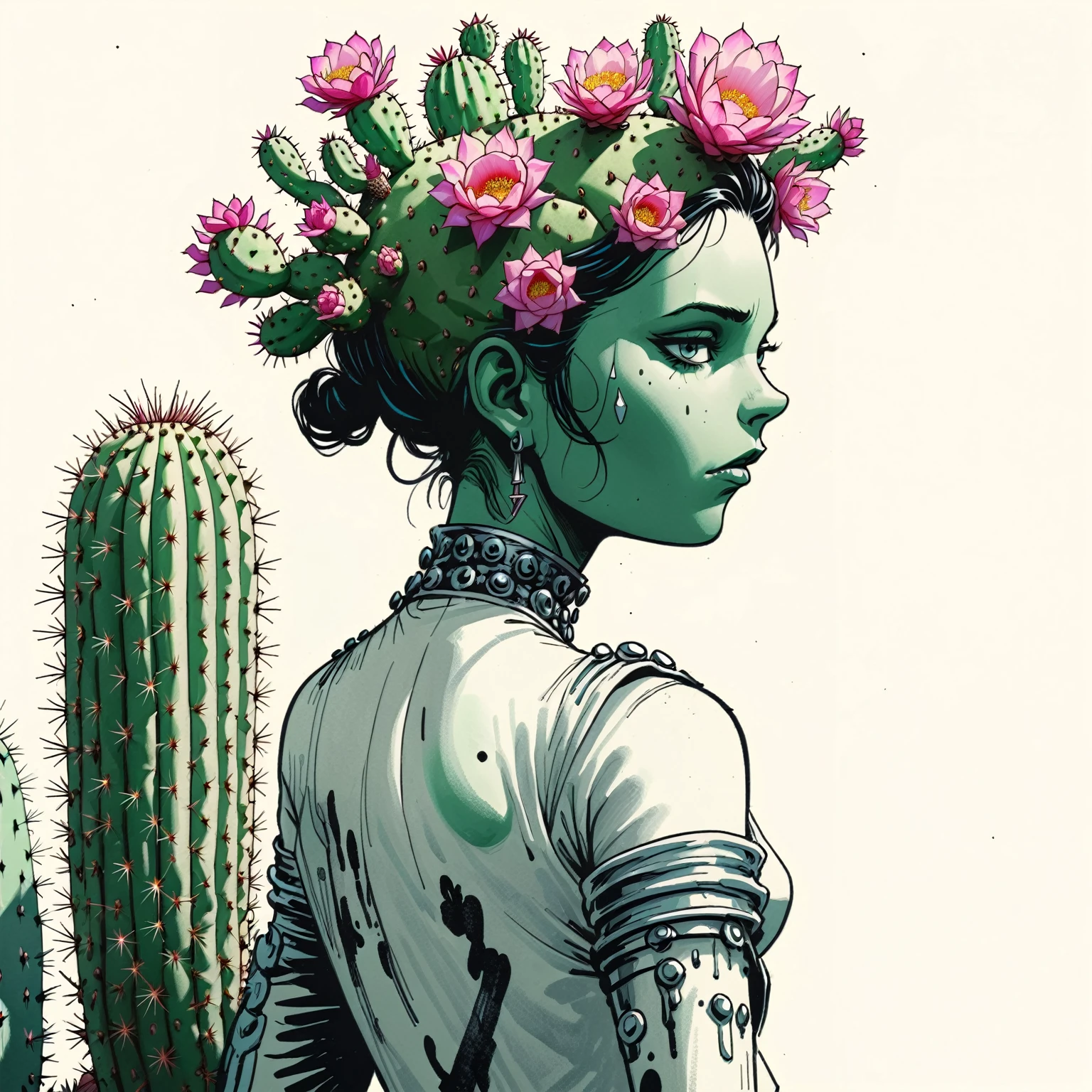 illustrate cactus princess, film screengrab, minimal, serene, perfect, strange, candid, cinematic, surreal, anthropomorphic cactus princess with crown of ornate cactus flowers (ladyfingers and opuntia, vibrant), , realism, photographed, timeless, lost in space, liminal, blank canvas, abstract, nuanced, clearly cartoon distinct, An over the shoulder sketch in the style of Jamie Hewlett and Joelle Jones, with 90s comic aesthetics, expressive ink work, cinematic compositions, and nuanced details.