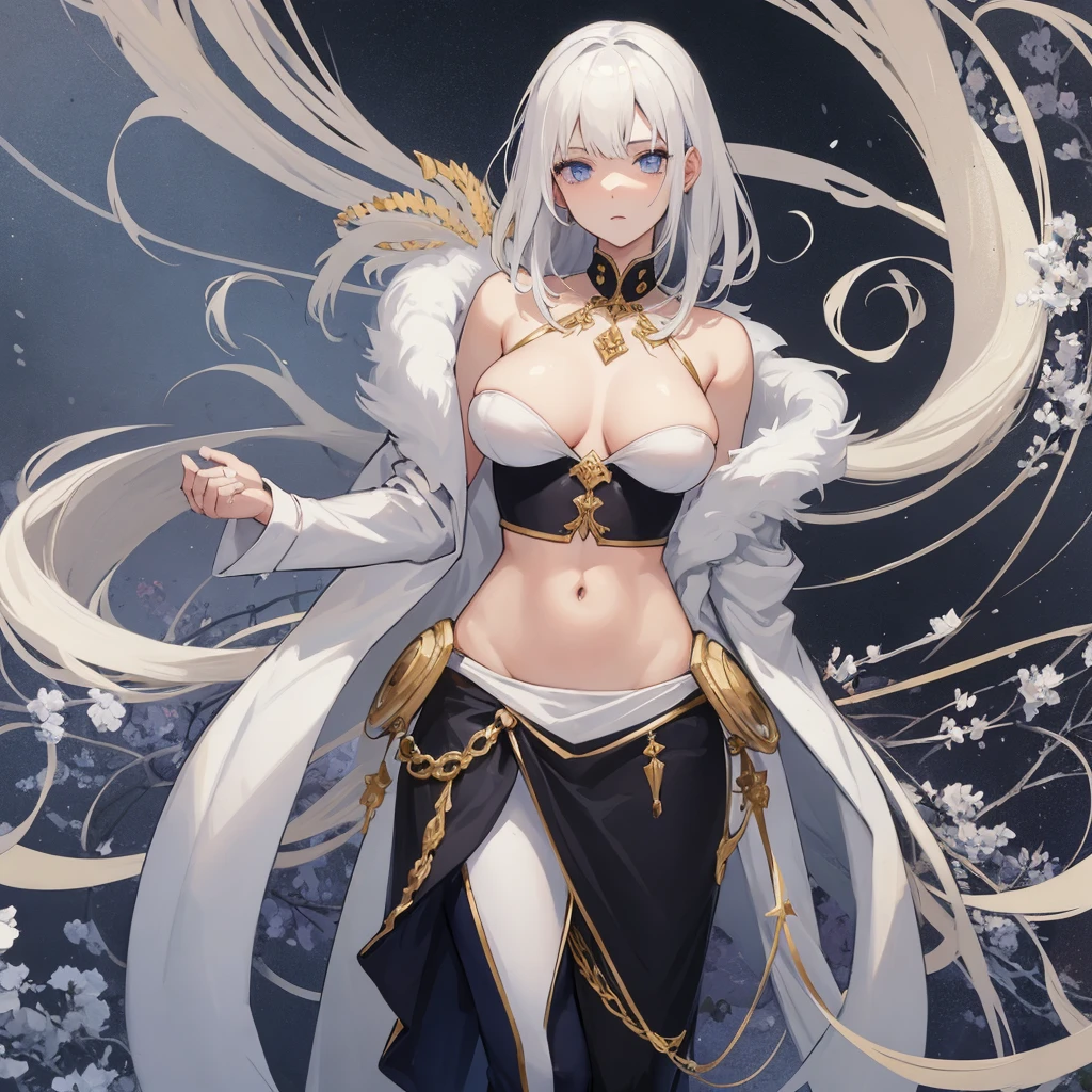 , white-haired , navy blue eyes, wearing white pants with gold details, wearing a black leather strapless with gold to the navel, very small breasts, and a very big ass.