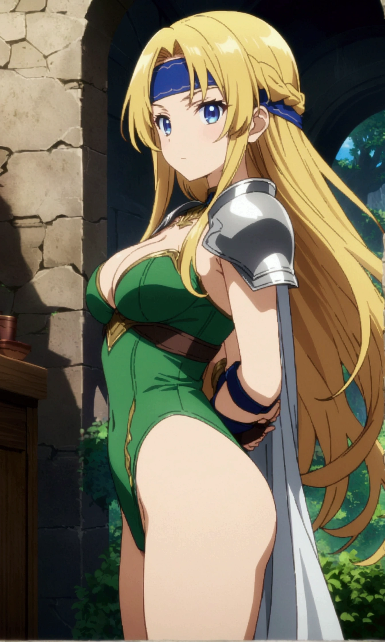 score_9, score_8_up, score_7_up,,BREAK source_anime,(from side,behind view),,mediumshot,standing,legs apart,(arms behind back),looking at viewer, 1girl, celes chere, final fantasy.blonde hair, blue eyes, green leotard, headband, shoulder armor,large breasts,cleavage,pointy breasts,, white cape, vambraces,bracer, very long hair, bangs, closed mouth,(tundere,,bulsh),outdoor, (best quality),(aesthetic,very aesthetic),masterpiece,ultra highres,anime screenshot:0.5,,graceful posture,lean but curvy body, slender waist, round hips, highly detailed,