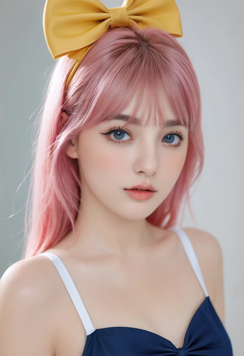 (8K, 4K, best quality, high resolution: 1.2), (Master, Practical, Photorealism: 1.4), 1 girl, Solitary, Pretty Face, eyelash, nose, Glossy lips, (Beautiful eyes, Bystanders, White skin, White skin: 1.5), Refines the complexion, Upper Body,, Large target, Large target, (nude: 1.5),, Open-air bath,, Funny hair growth, blond, Pink Hair, Bangs, Hair accessories, bow, Both sides up,, young, Dark blue school swimsuit
