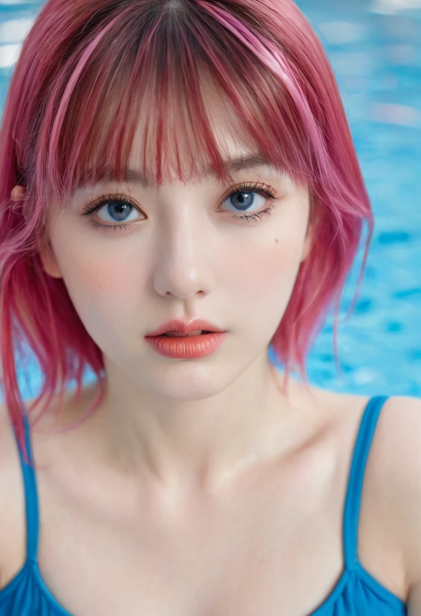 (8K, 4K, best quality, high resolution: 1.2), (Master, Practical, Photorealism: 1.4), 1 girl, Solitary, Pretty Face, eyelash, nose, Glossy lips, (Beautiful eyes, Bystanders, White skin, White skin: 1.5), Refines the complexion, Upper Body,, Large target, Large target, (nude: 1.5),, Open-air bath,, Funny hair growth, blond, Pink Hair, Bangs, Hair accessories, bow, Both sides up,, young, Dark blue school swimsuit