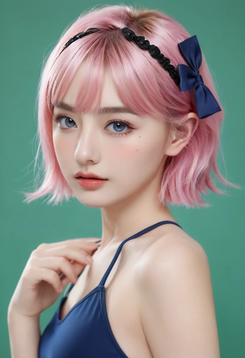 (8K, 4K, best quality, high resolution: 1.2), (Master, Practical, Photorealism: 1.4), 1 girl, Solitary, Pretty Face, eyelash, nose, Glossy lips, (Beautiful eyes, Bystanders, White skin, White skin: 1.5), Refines the complexion, Upper Body,, Large target, Large target, (nude: 1.5),, Open-air bath,, Funny hair growth, blond, Pink Hair, Bangs, Hair accessories, bow, Both sides up,, young, Dark blue school swimsuit