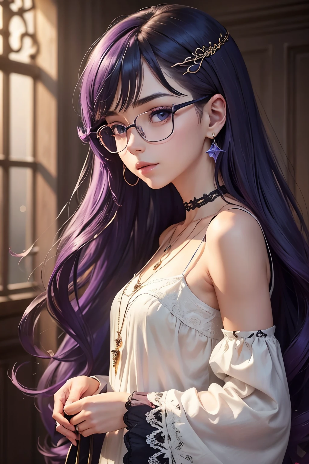masterpiece, best quality, 1girl, solo, TwilightHuman, ponytail, purple hair fringes, dark purple eyes, glasses, pale skin, medium breasts, scrawny, bookworm, topless, wild curly black hair, curly hair, long hair, wild hair, hazel eyes, cinematic natural light, organic dust particles in the light, sensual, 4k, look at camera, highly detailed face, close-up of face, wearing a skin tight swimsuit