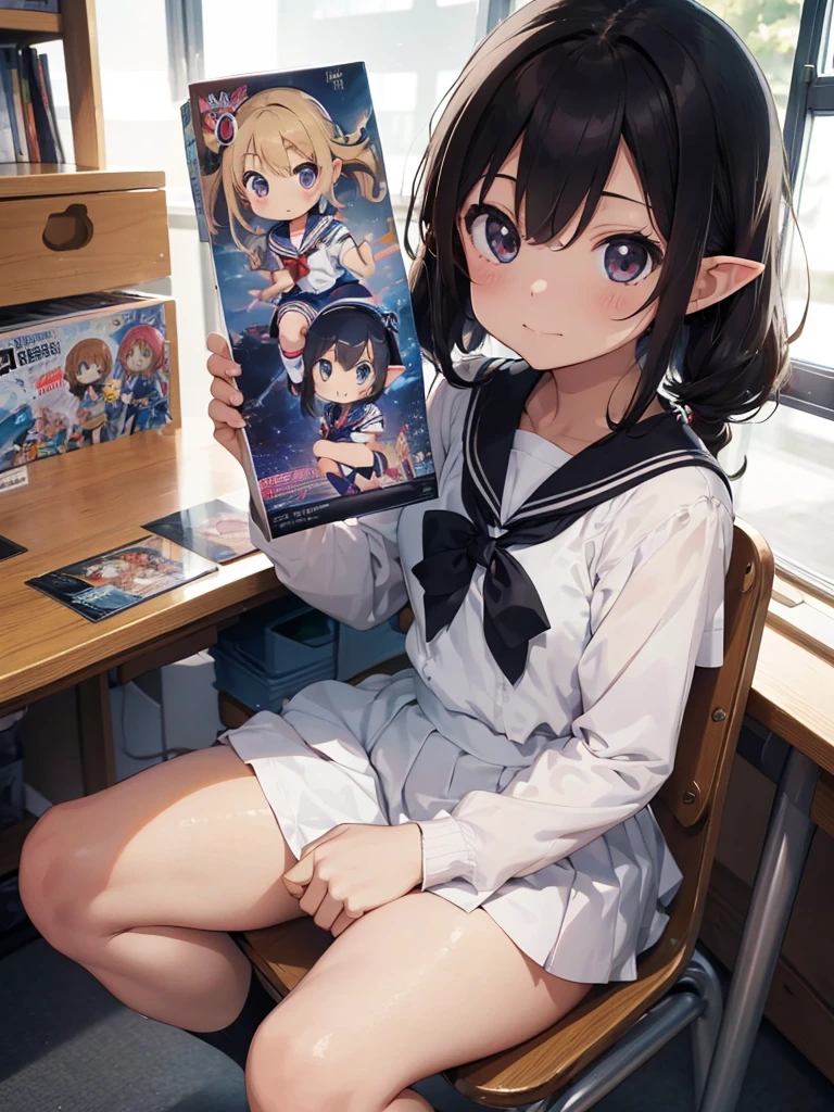 High quality, 8K Ultra HD,High resolution, 8K Ultra HD, school classroom. Art class. ((One girl)), ((Chibi-style)), A small elf girl is sitting on a chair and holding manga comic and showing it to me. ((draw manga)), ((sailor suits wear)), (((comics))),