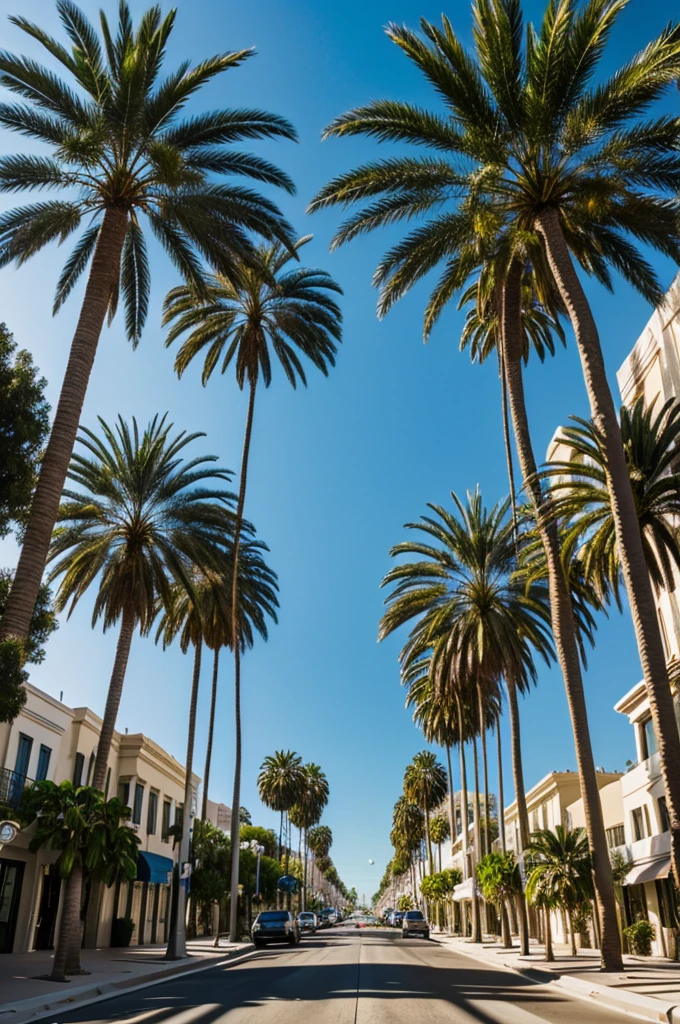 Beverly Hills street with palm trees in background
