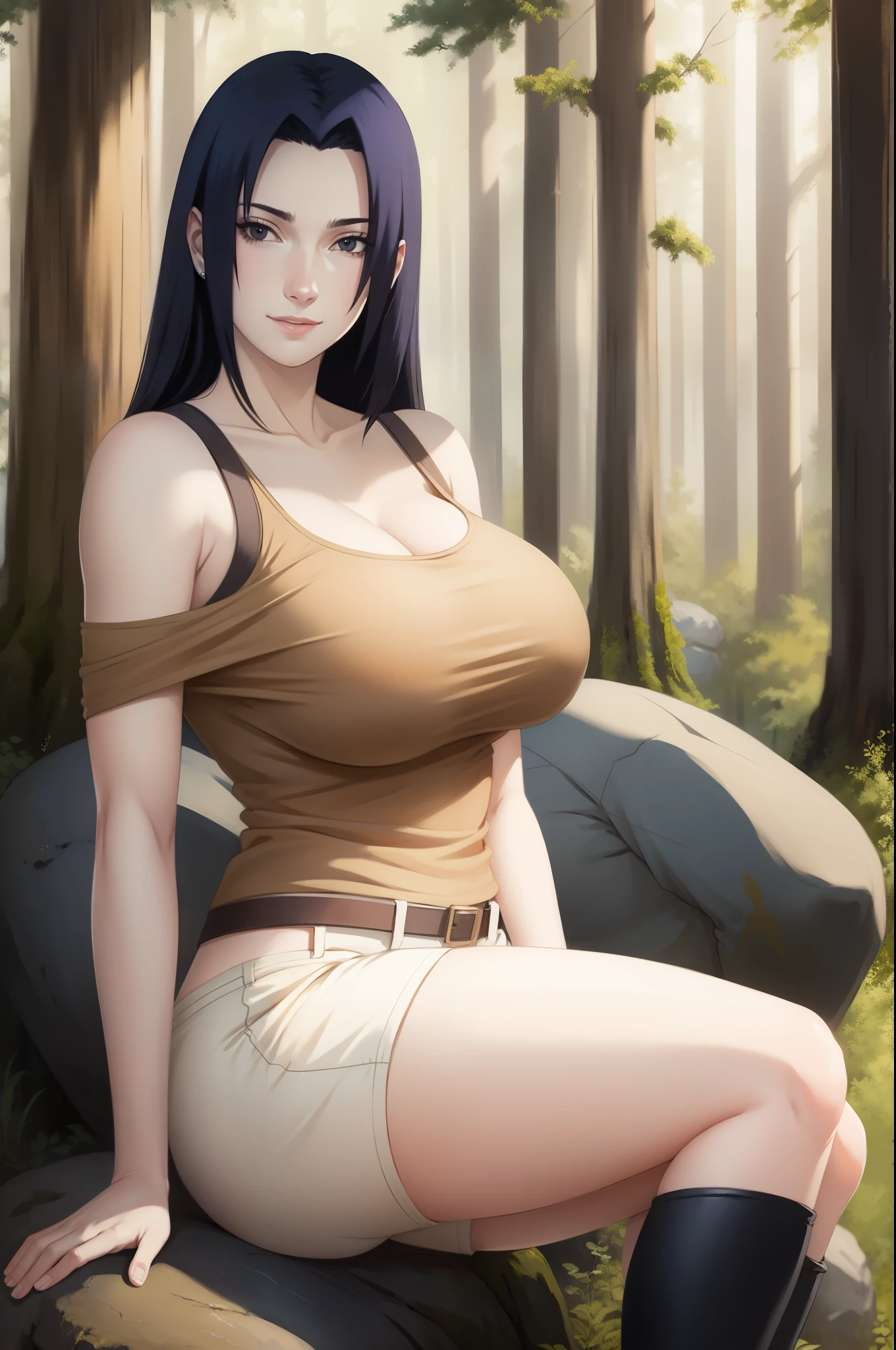 Mikoto Uchiha, oil painting, highly detailed, realistic, portrait, bright colors, soft lighting, (best quality, 4k,8k, height, masterpiece: 1.2), (big round breasts: 1.5), professional, long black hair, eyes black, beautiful detailed eyes and face, very detailed smile, long eyelashes, sitting on a rock, looking towards the viewer, very short top, big butt, bare shoulders, white shorts, outdoors, forest, cowboy shot, collarbone.