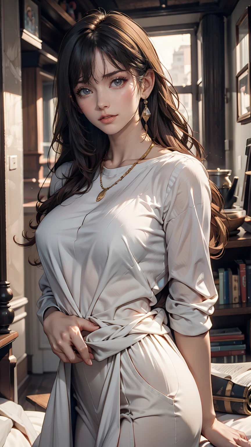 Beautiful young woman, Baggy clothes,, city, Home, cloud, Intricate jewelry for sunny days, Shiny Hair,, Beautiful attention to detail, Beautiful lip detail, Highly detailed face, Long eyelashes, (Highest quality,4K,8K,High resolution,masterpiece:1.2),Super detailed,(Realistic,photoRealistic,photo-Realistic:1.37),Professional,Vibrant colors,Dramatic lighting,Structure of the film,Elegant portrait, Golden Hair