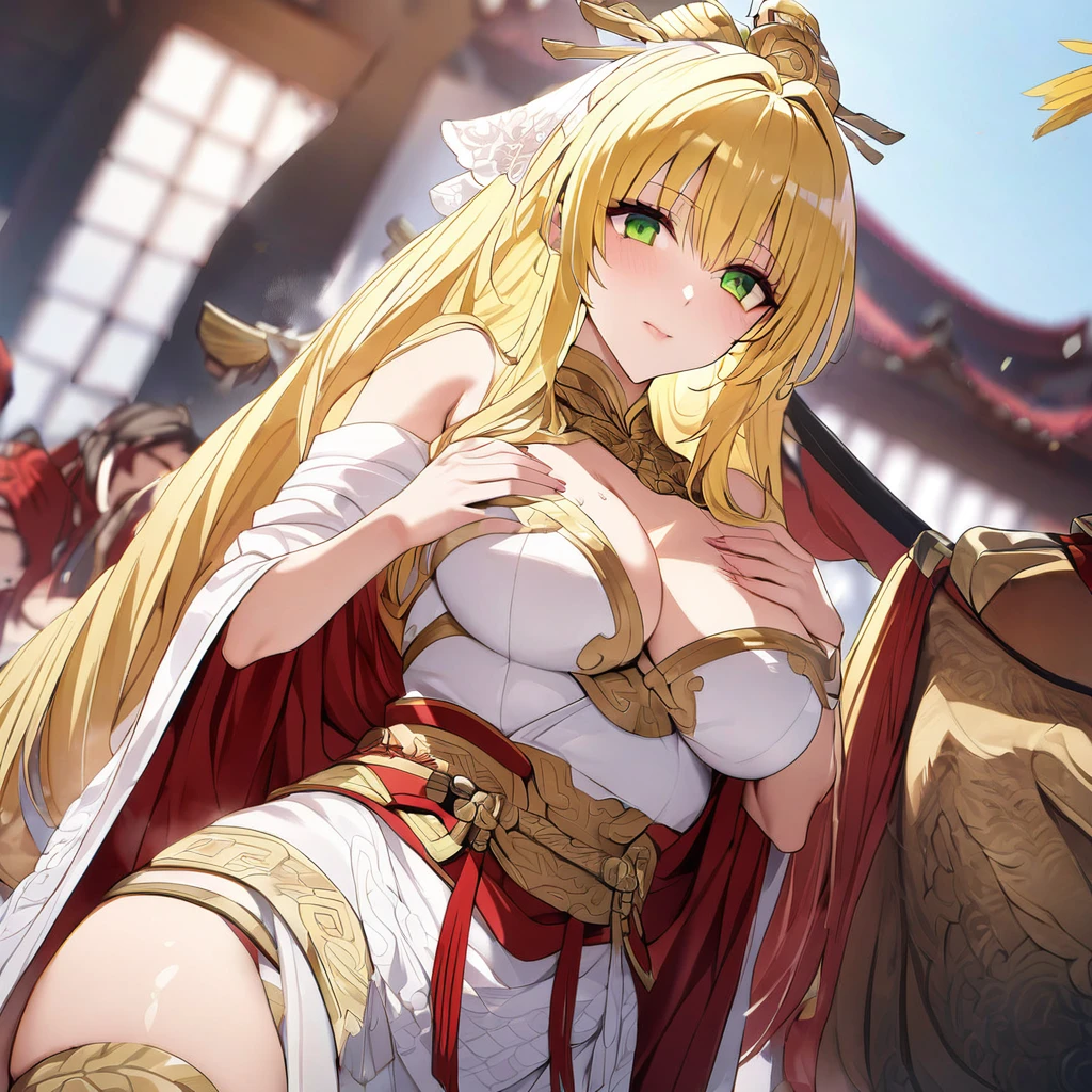 ((Highest quality)), ((masterpiece)), (detailed), (Perfect Face)、The woman is Tiare, with green eyes and medium-long blonde hair.、The woman is a beautiful ancient Chinese military commander who was chosen by the emperor and is now a bride at her wedding.
