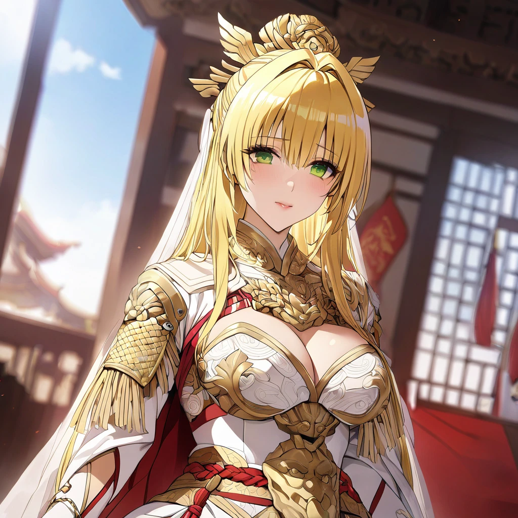 ((Highest quality)), ((masterpiece)), (detailed), (Perfect Face)、The woman is Tiare, with green eyes and medium-long blonde hair.、The woman is a beautiful ancient Chinese military commander who was chosen by the emperor and is now a bride at her wedding.