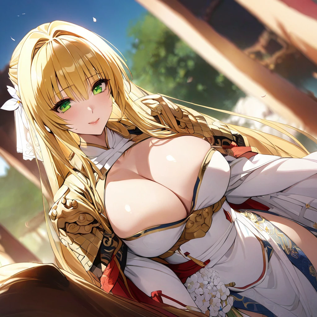 ((Highest quality)), ((masterpiece)), (detailed), （Perfect Face）、The woman is Tiare, with green eyes and medium-long blonde hair.、The woman is a beautiful ancient Chinese military commander who was chosen by the emperor and is now a bride at her wedding.