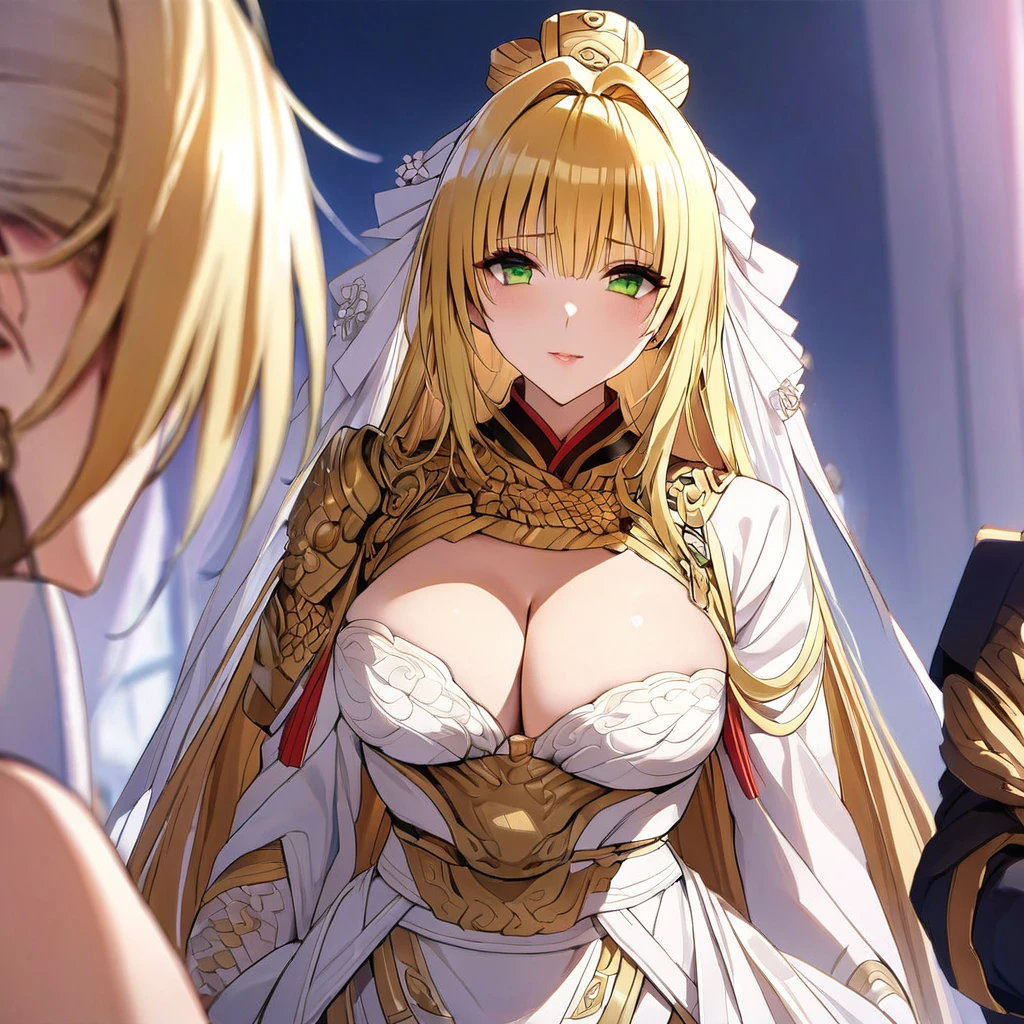 ((Highest quality)), ((masterpiece)), (detailed), (Perfect Face)、The woman is Tiare, with green eyes and medium-long blonde hair.、The woman is a beautiful ancient Chinese military commander who was chosen by the emperor and is now a bride at her wedding.
