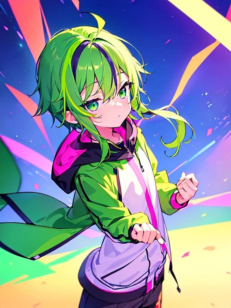 [(CITY POP BACKGROUND:1.5),::5], ((((masterpiece)))), high quality, ultra very high resolution, full color, (((solo))), ((little boy)), Purple hair, ((Green streaked hair)), (Green eyes), anime, ((upper body)), neon light, black parka, 