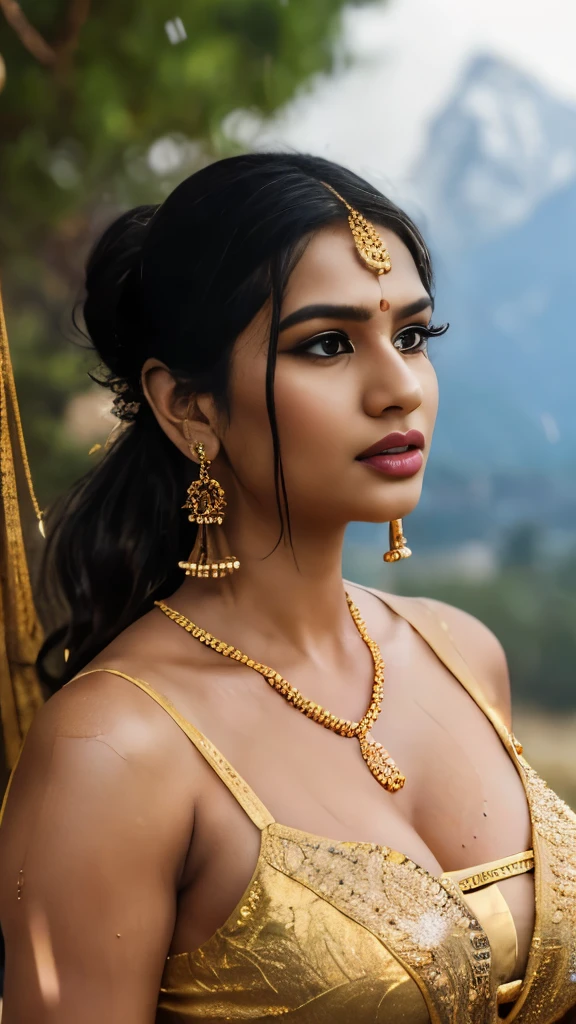 beautiful young maiden, standing in the rain, large breasts, long hair tied in a bun, wearing a shirt and a transparent golden sarong, wearing heavy makeup, long eye lashes, eye mascara, wearing golden ornaments, long earrings, necklace, arm bands, bangles, nose ring and waist chain, wet clothes, worried look, snow capped mountains in the background