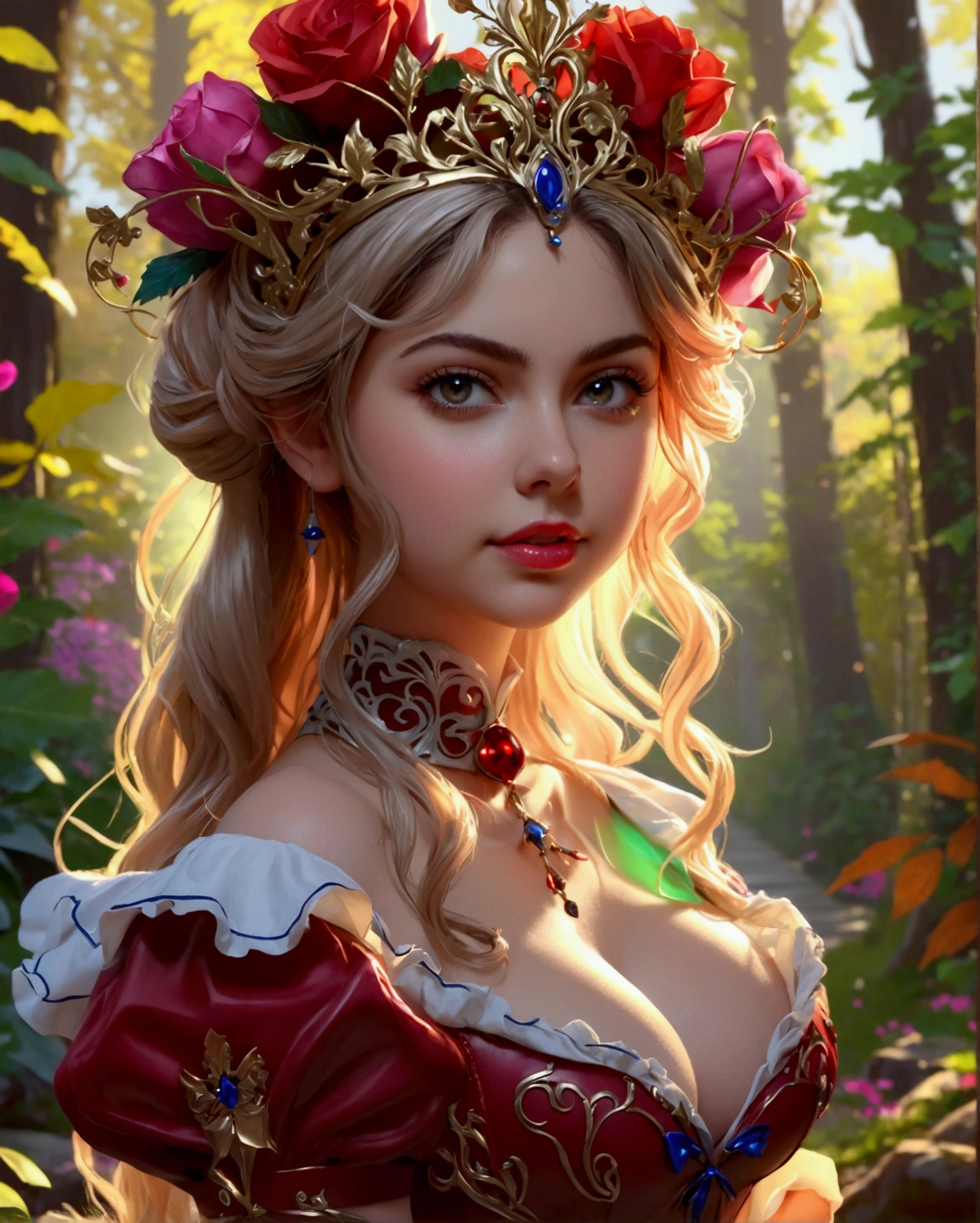 the overall theme and style should feel like. a hybrid of fairytale and Science Fiction. extremely beautiful model, female, long blonde hair, perky breasts, cleavage,, oppulentform fitting hooped skirt, red corset, large exagerated extravagant tiara. Wide Smile, Eyes Detailed & Wide, sexy Pose. Ultra HD, Rococo-Inspired Fantasy Art With Intricate Details. Cute, Charming Expression, Alluring-Gaze, looking at viewer Beautiful Eyes, An-Ideal-Figure. Large Youthful Well-Shaped-Breasts, Attractive ass showcased. Massive-Round-Bosom, Décolletage. slim waist, fit body, full lipsWarm lights , woman in a dreamy forest at night, with fluffy hair, delicate face, realistic, real, slim, large aperture, sexy shots, attractive poses,Stunnin gly beautiful merge of Ariel Winter. Alison Brie, Selena Gomez. symmetrical face, photorealistic, photography, path tracing, specular lighting, volumetric face light, path traced hairmaximum quality{(masutepiece) (8K High Resolution) (top-quality)
