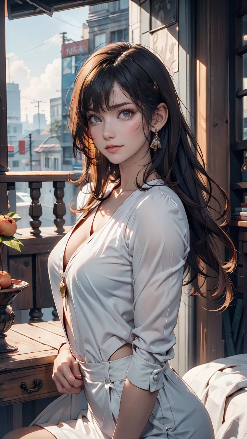 Beautiful young woman, Baggy clothes,, city, Home, cloud, Intricate jewelry for sunny days, Shiny Hair,, Beautiful attention to detail, Beautiful lip detail, Highly detailed face, Long eyelashes, (Highest quality,4K,8K,High resolution,masterpiece:1.2),Super detailed,(Realistic,photoRealistic,photo-Realistic:1.37),Professional,Vibrant colors,Dramatic lighting,Structure of the film,Elegant portrait, Golden Hair