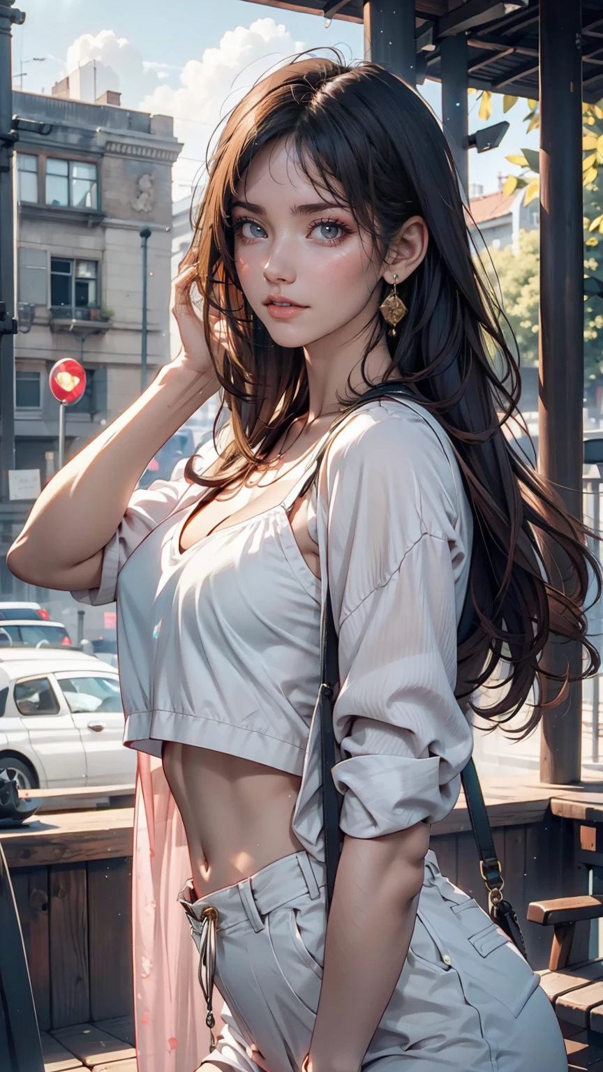 Beautiful young woman, Baggy clothes,, city, Home, cloud, Intricate jewelry for sunny days, Shiny Hair,, Beautiful attention to detail, Beautiful lip detail, Highly detailed face, Long eyelashes, (Highest quality,4K,8K,High resolution,masterpiece:1.2),Super detailed,(Realistic,photoRealistic,photo-Realistic:1.37),Professional,Vibrant colors,Dramatic lighting,Structure of the film,Elegant portrait, Golden Hair