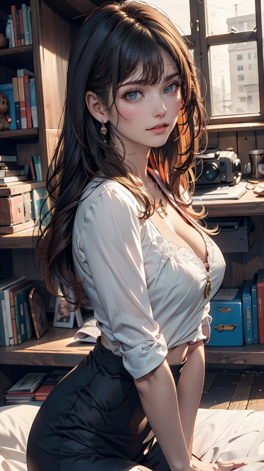 Beautiful young woman, Baggy clothes,, city, Home, cloud, Intricate jewelry for sunny days, Shiny Hair,, Beautiful attention to detail, Beautiful lip detail, Highly detailed face, Long eyelashes, (Highest quality,4K,8K,High resolution,masterpiece:1.2),Super detailed,(Realistic,photoRealistic,photo-Realistic:1.37),Professional,Vibrant colors,Dramatic lighting,Structure of the film,Elegant portrait, Golden Hair