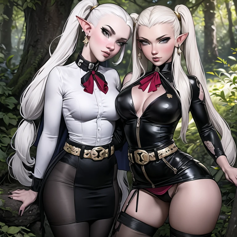 a female elf with green eyes and long white hair tied into two pigtails, wearing a black and white striped shirt, a white jacket with gold embellishments tucked into a matching skirt with a black belt, a short white and gold cape with a high collar, black pantyhose, and brown boots, with a pair of gold and red earrings, in a forest outdoor environment,(best quality,4k,8k,highres,masterpiece:1.2),ultra-detailed,(realistic,photorealistic,photo-realistic:1.37),extremely detailed face,eyes,lips,nose,high quality,anatomically perfect,twintails,earrings,white cape,striped shirt,white skirt,long sleeves,belt,holding employees,Freeze:Beyond the end of the journey