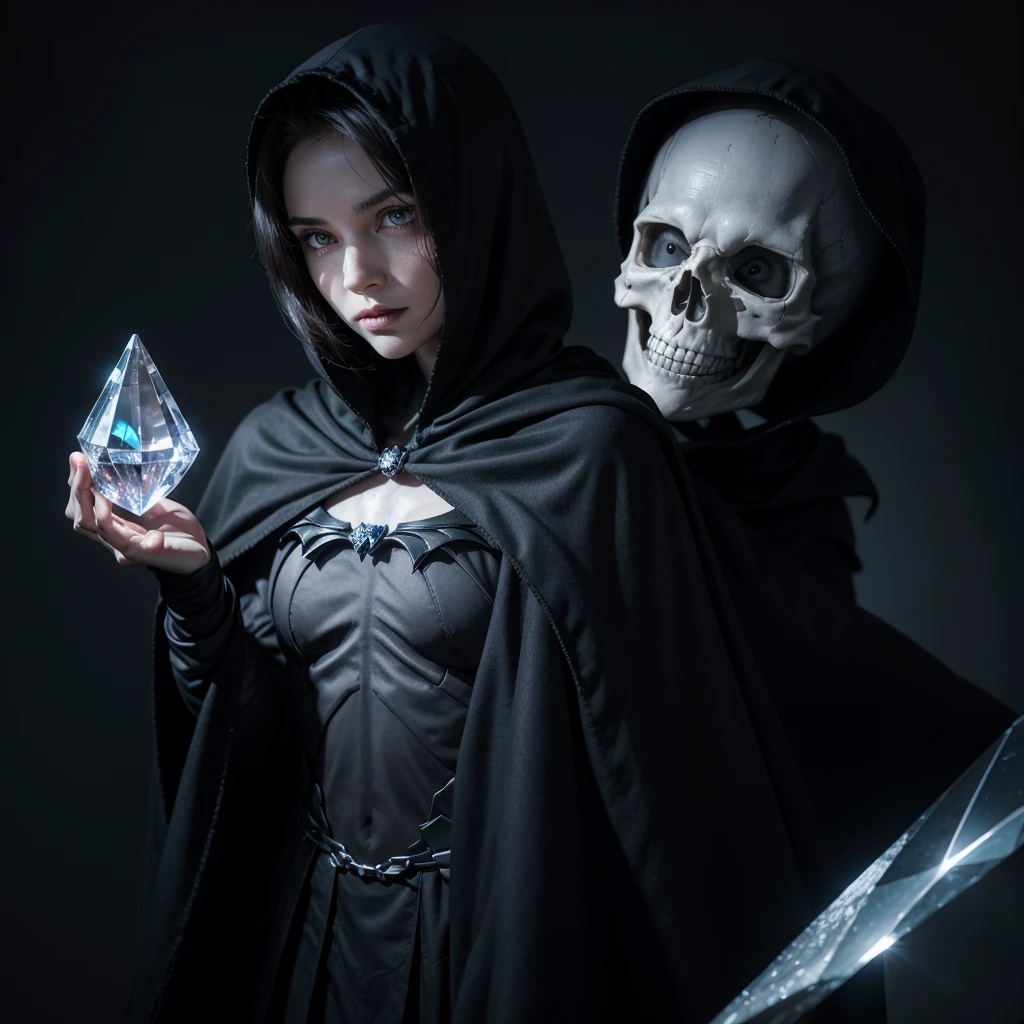 Skeleton, wearing a black cape, glowing eyes, holding a crystal