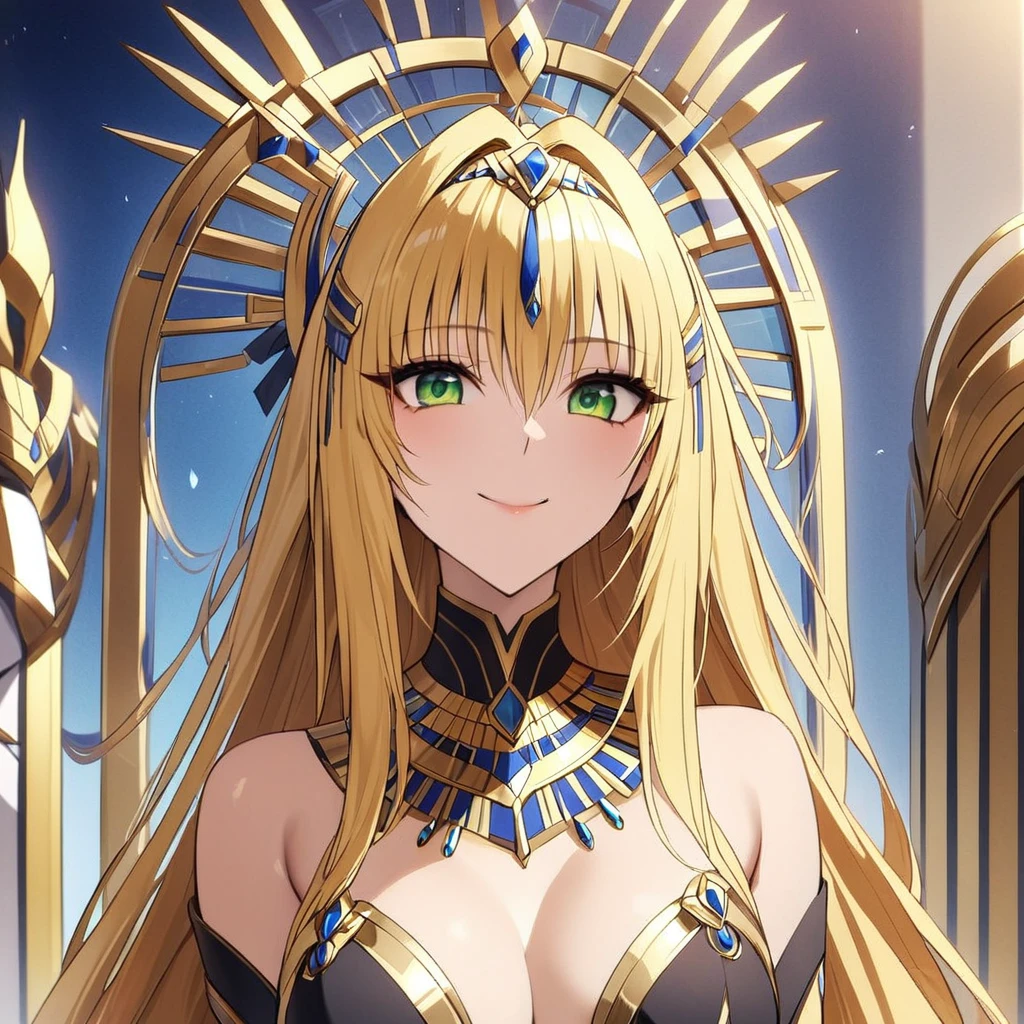 ((Highest quality)), ((masterpiece)), (detailed), (Perfect Face)、The woman is Queen Tiare of Egypt in the near future. She has green eyes, blonde medium-long hair, and dark skin. She is wearing the luxurious clothing of Egyptian royalty in the near future and reigns on the throne of Egypt in the near future, smiling gently.