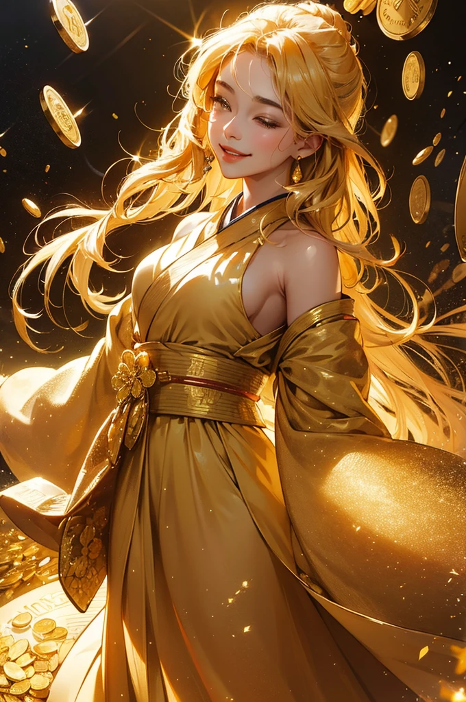 A beautiful woman in a gold kimono smiles against the backdrop of a mountain of gold nuggets, gold coins, and gold dust sparkling in the air.